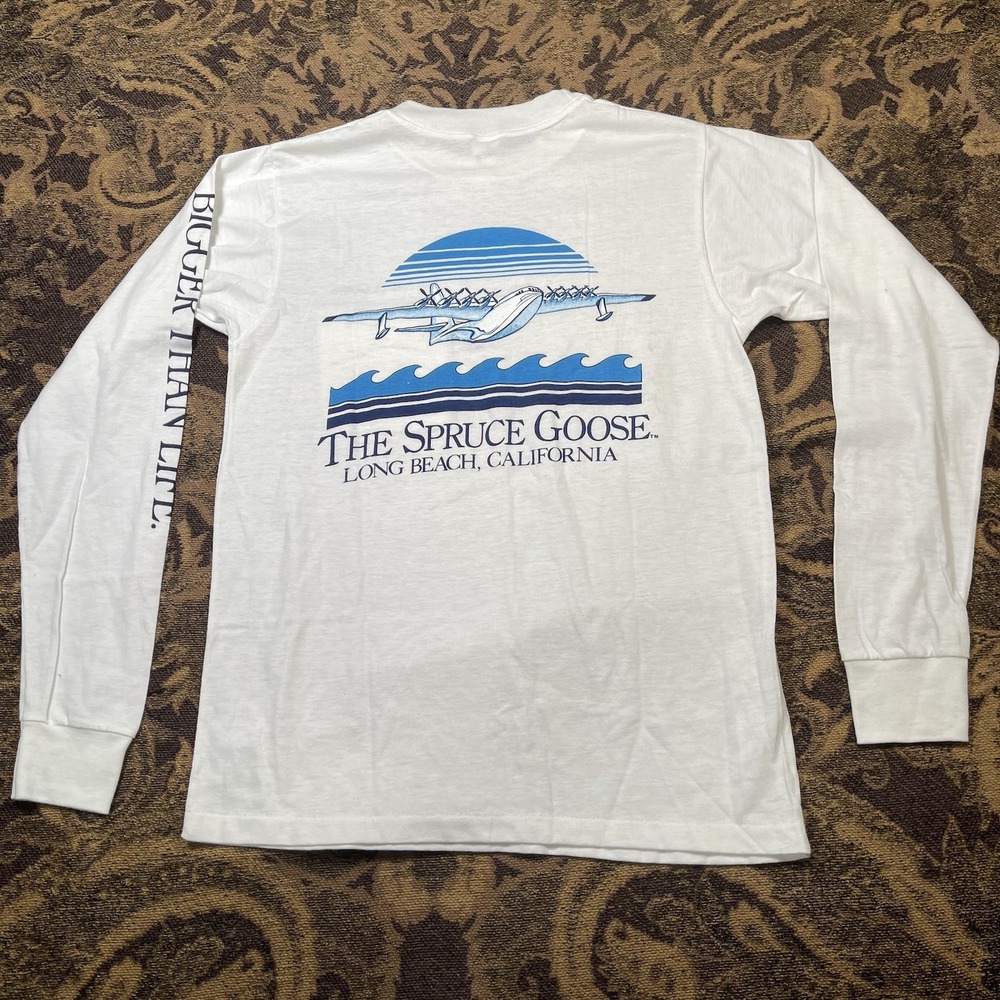 Vtg 80s The Spruce Goose Long Sleeve T-shirt Mens Medium White Textile Prints